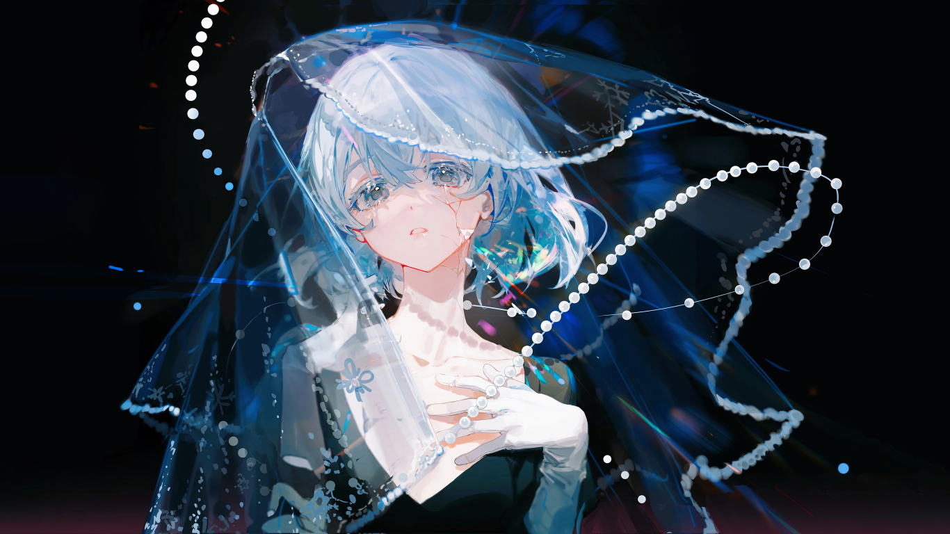 Грустная девушка аниме с фатой на лице