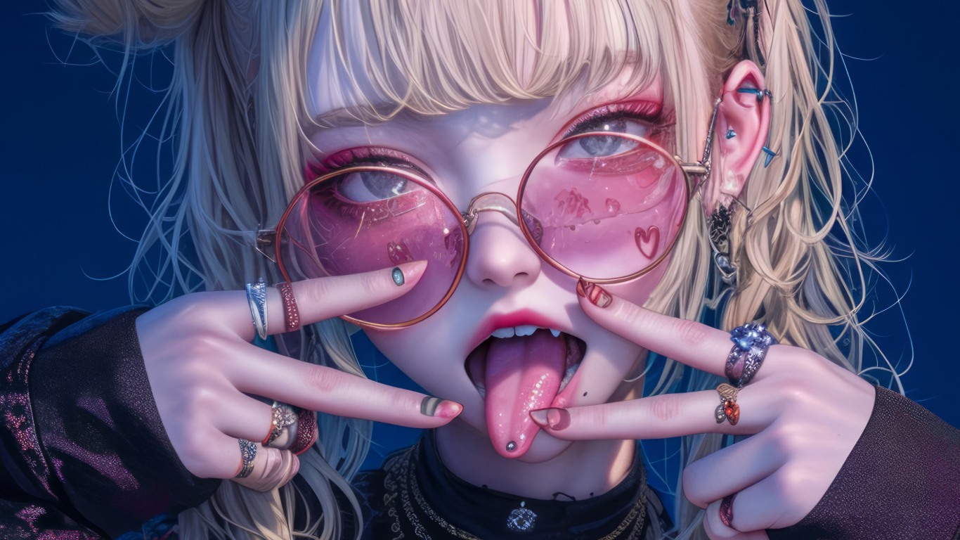 Дерзкая девушка аниме в розовых очках с высунутым языком