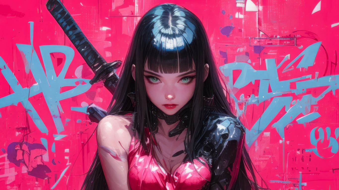 Суровая аниме девушка с катаной за спиной