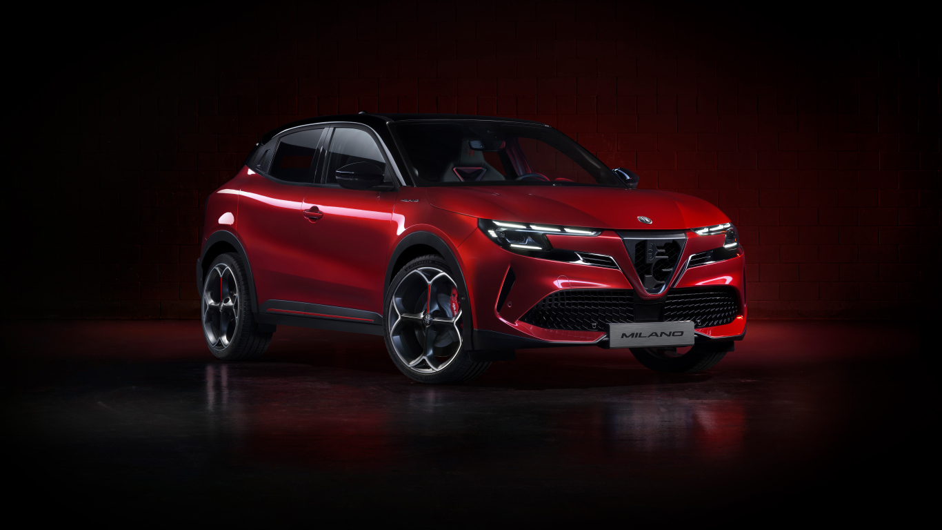 Красный автомобиль  Alfa Romeo Milano Elettrica Veloce 2024 года