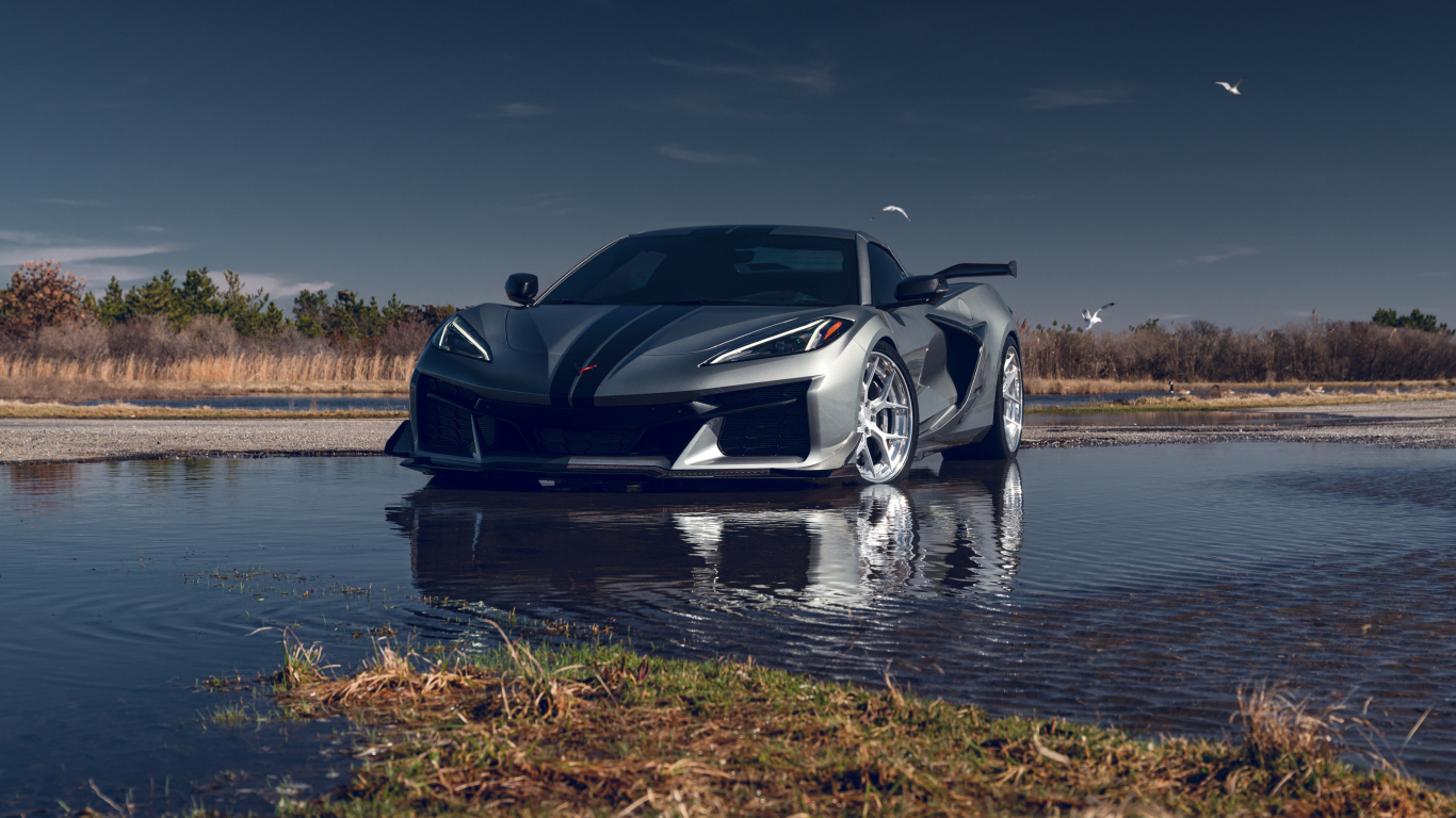 Серебристый Chevy Corvette Z06 стоит в воде