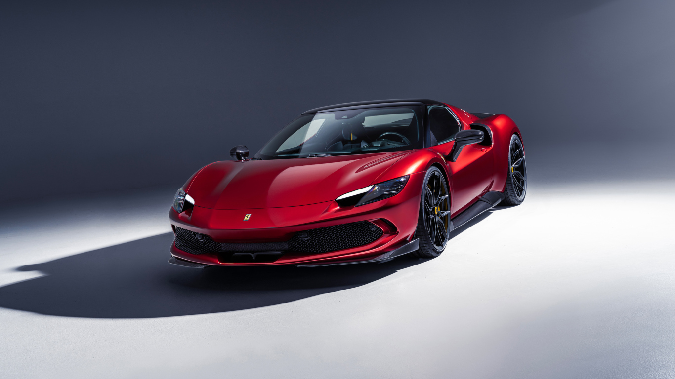 Быстрый красный автомобиль Novitec Ferrari 296 GTB Aero 2024 года на сером фоне