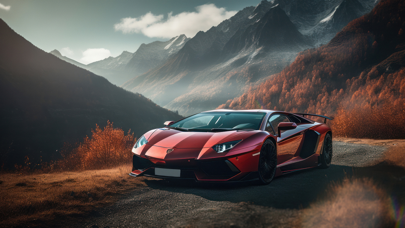 Автомобиль Lamborghini Aventador Autumn Road  в горах