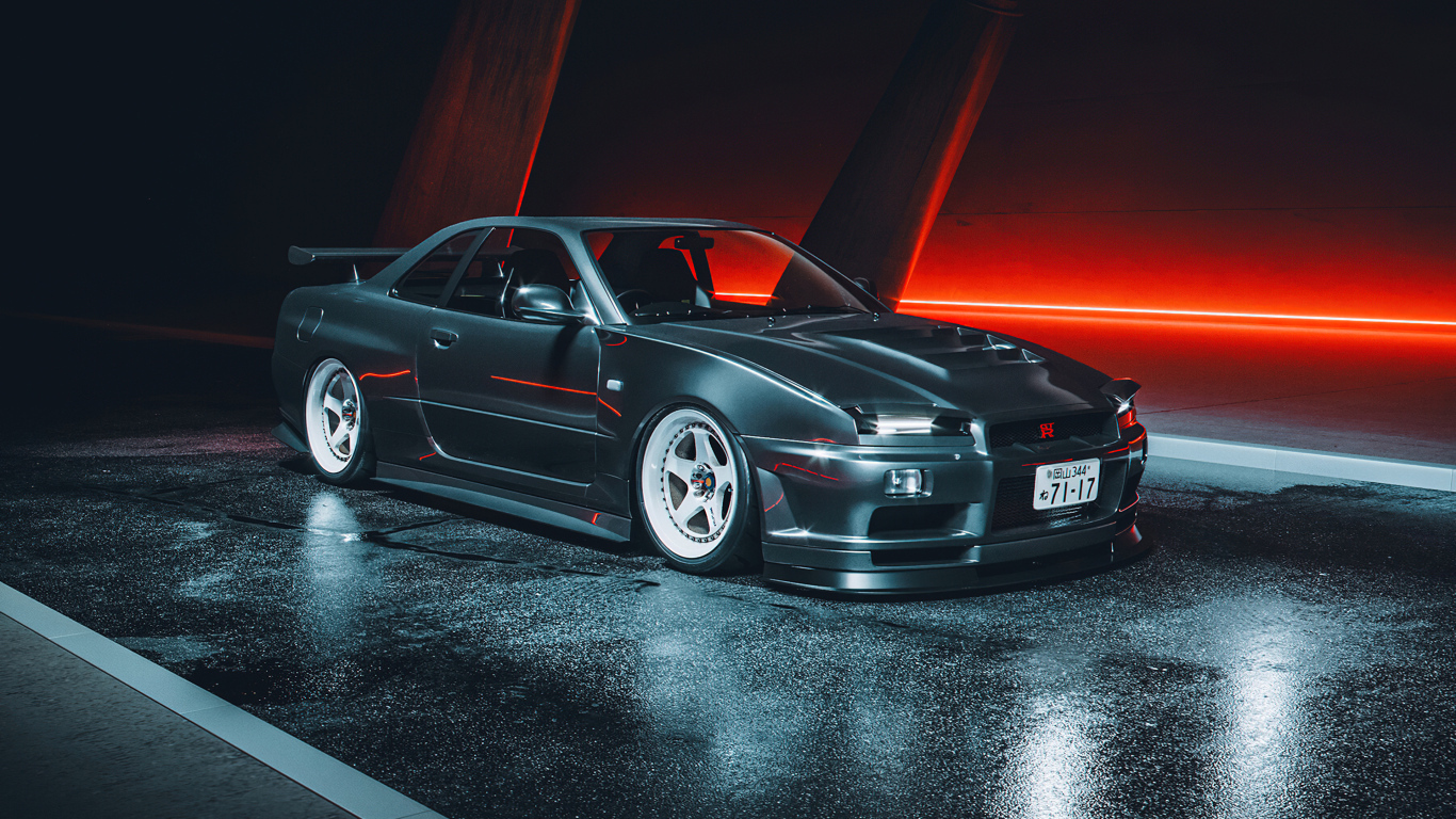 Черный автомобиль Nissan Skyline GTR R34
