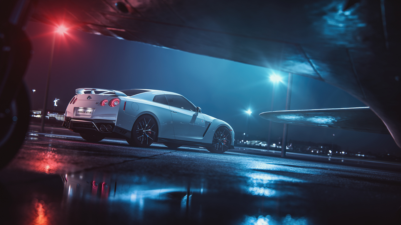 Автомобиль Nissan GTR в свете фонарей