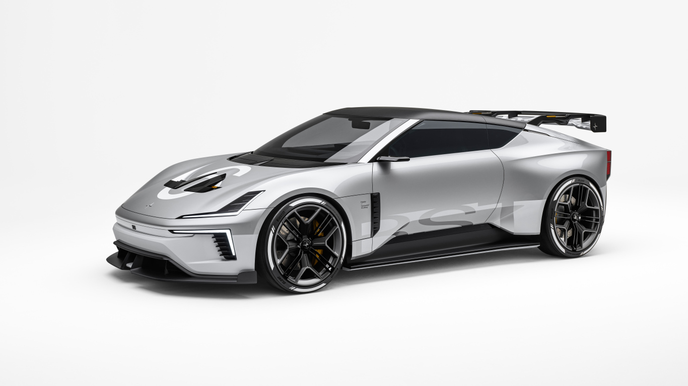 Серебристый автомобиль Polestar Concept BST 2024 года на белом фоне