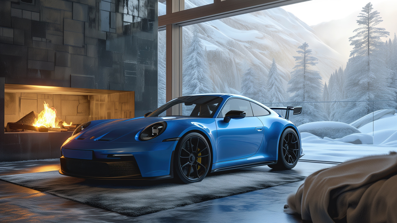Синий автомобиль Porsche 911 GT3 Cozy в здании