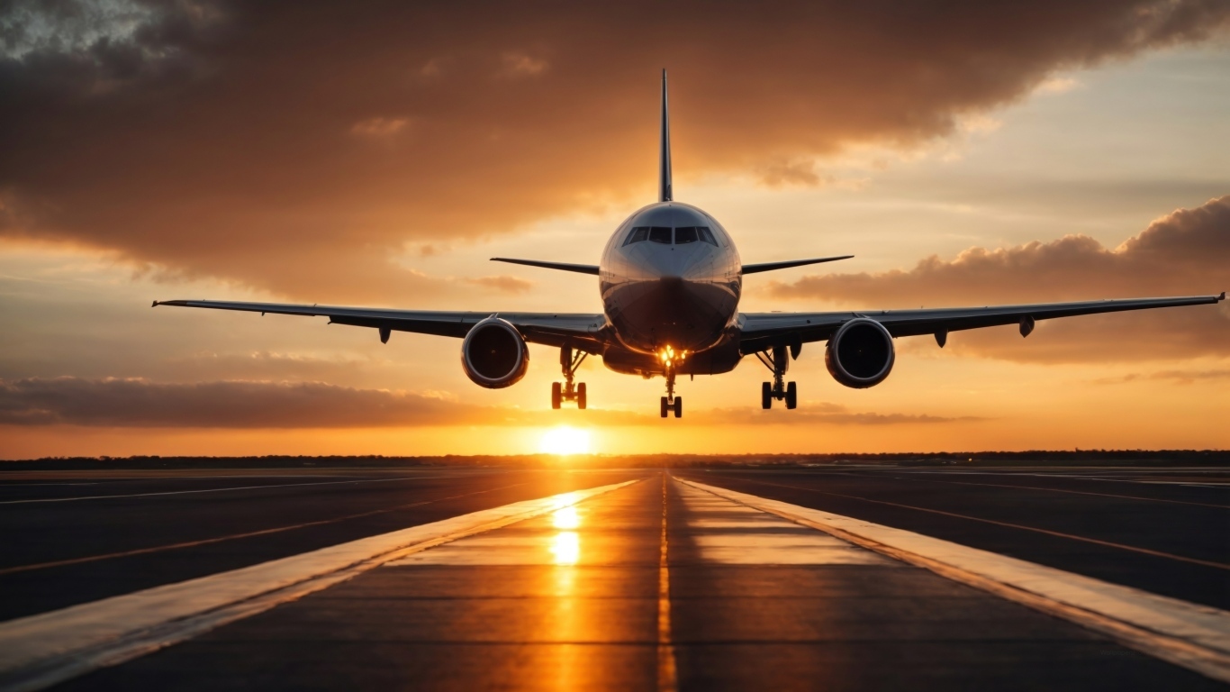 Большой пассажирский самолет взлетает на закате