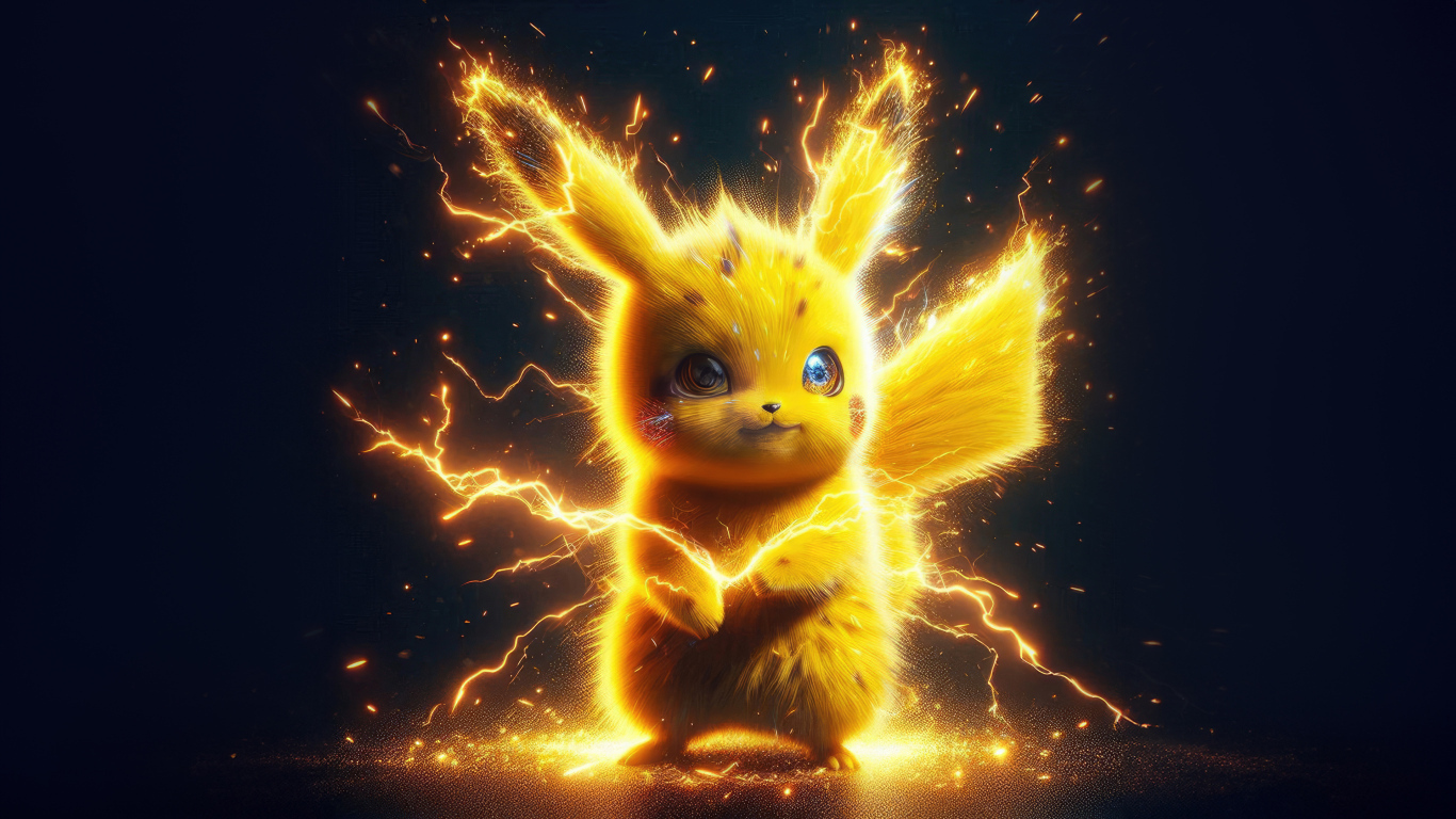 Желтый покемон Пикачу в разрядах молнии