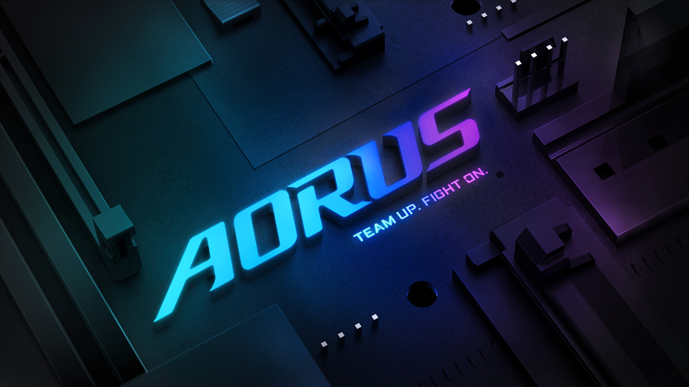 Неоновая надпись aorus gigabyte на железном фоне