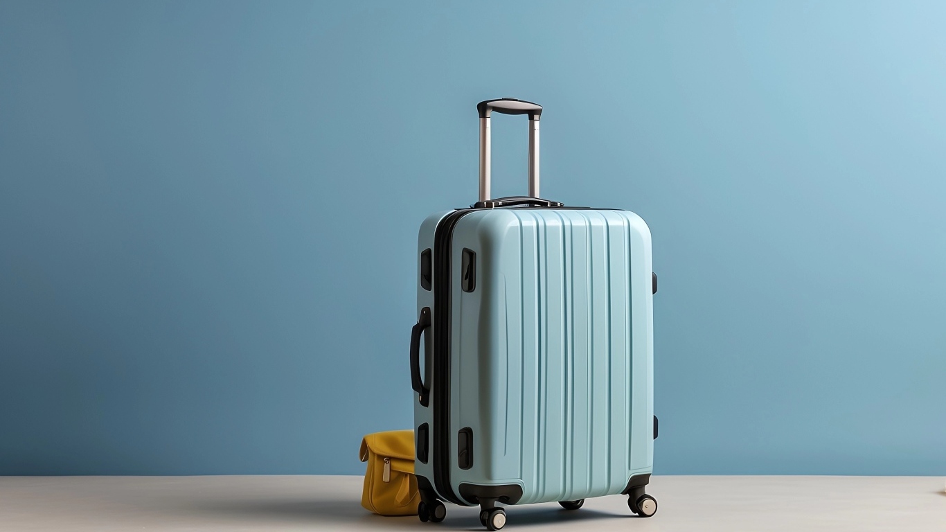 Большой голубой чемодан на голубом фоне