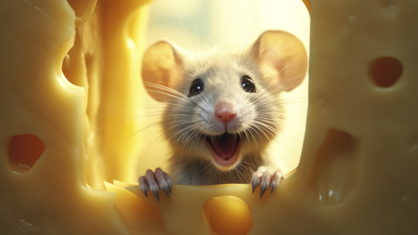 Веселый мышонок с куском сыра