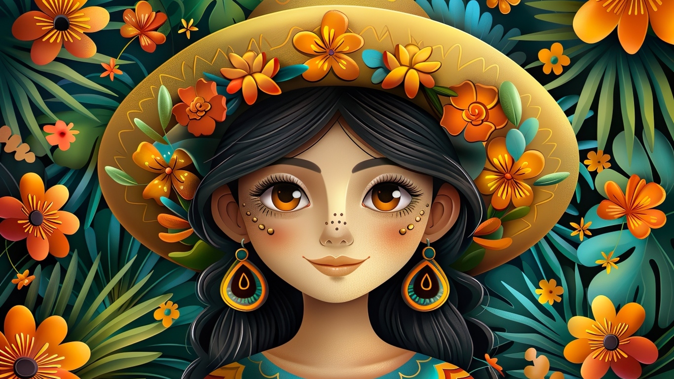 Нарисованная мексиканка в шляпе