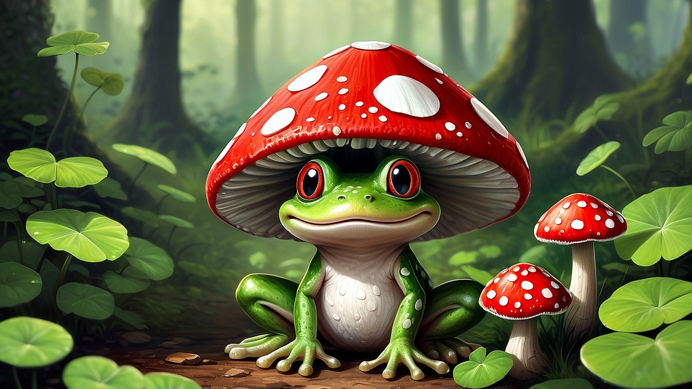 Нарисованная зеленая лягушка с мухомором на голове