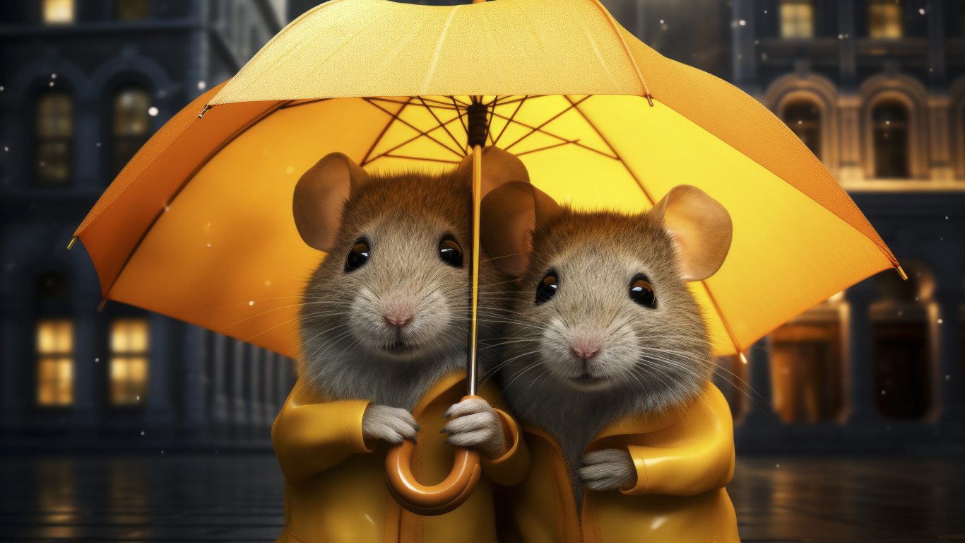 Две серые крысы под желтым зонтом
