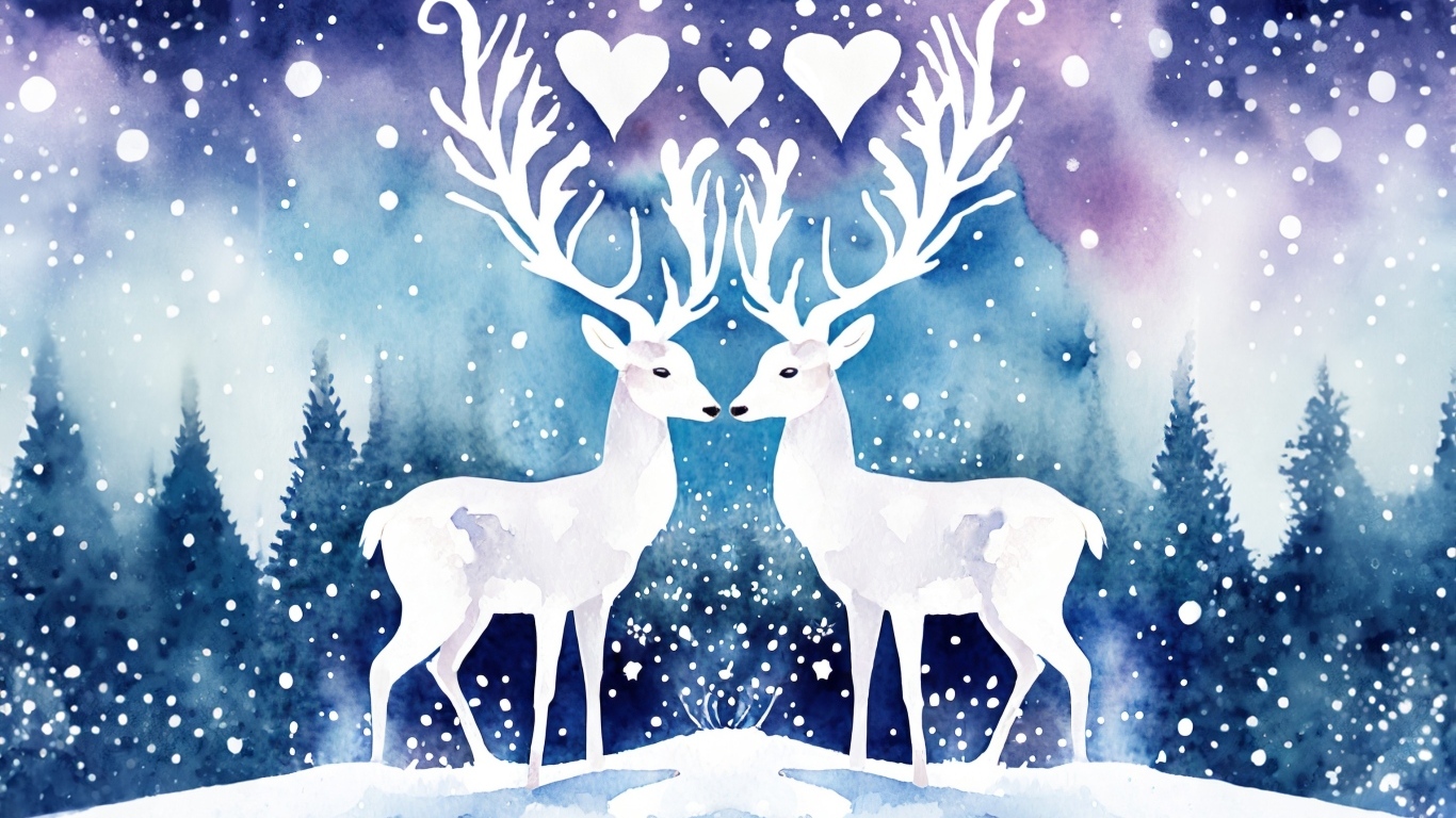 Два нарисованных оленя зимой