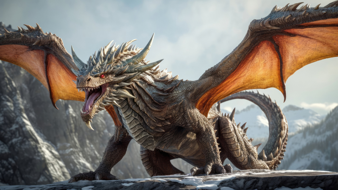Дракон с расправленными крыльями и широко открытой пастью на горе