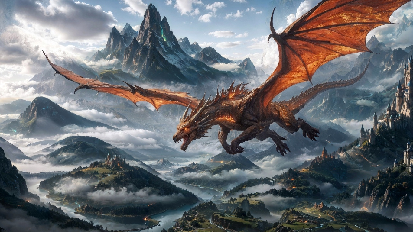 Большой дракон парит на горами