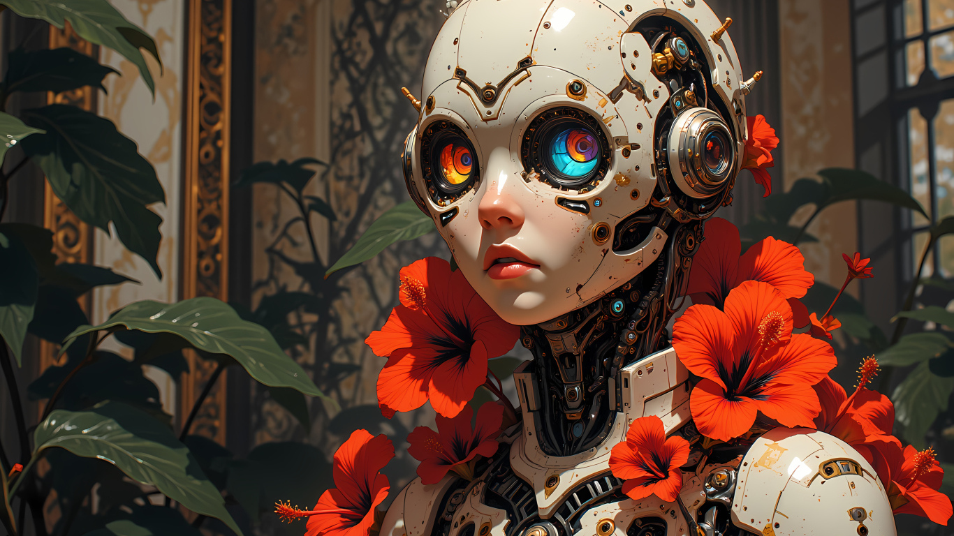Андроид с большими глазами и телом на котором растут красные цветы