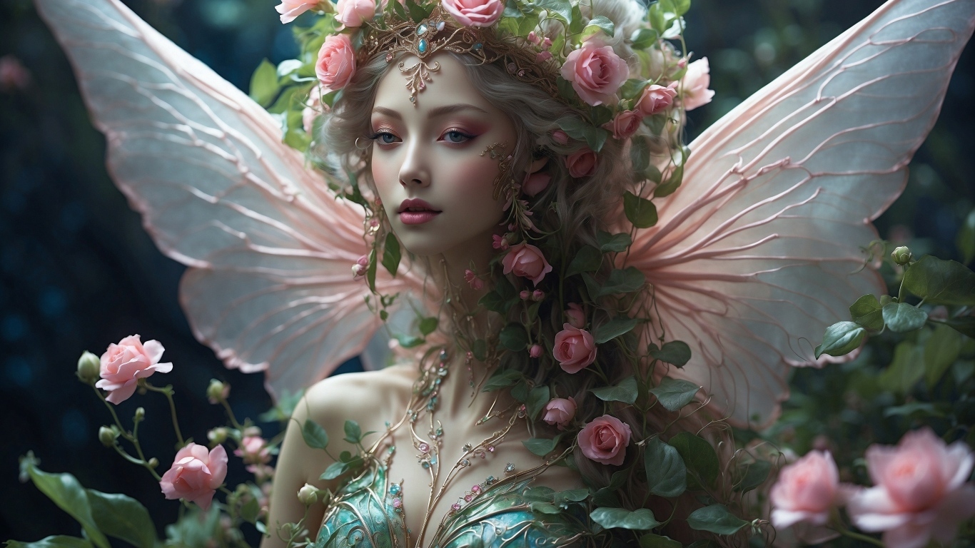 Красивая девушка фея с цветами на голове