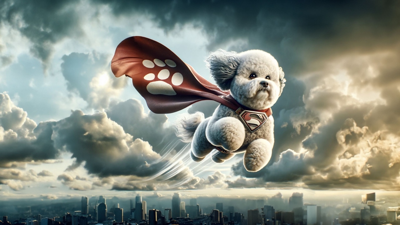 Летающая собака супергерой над городом