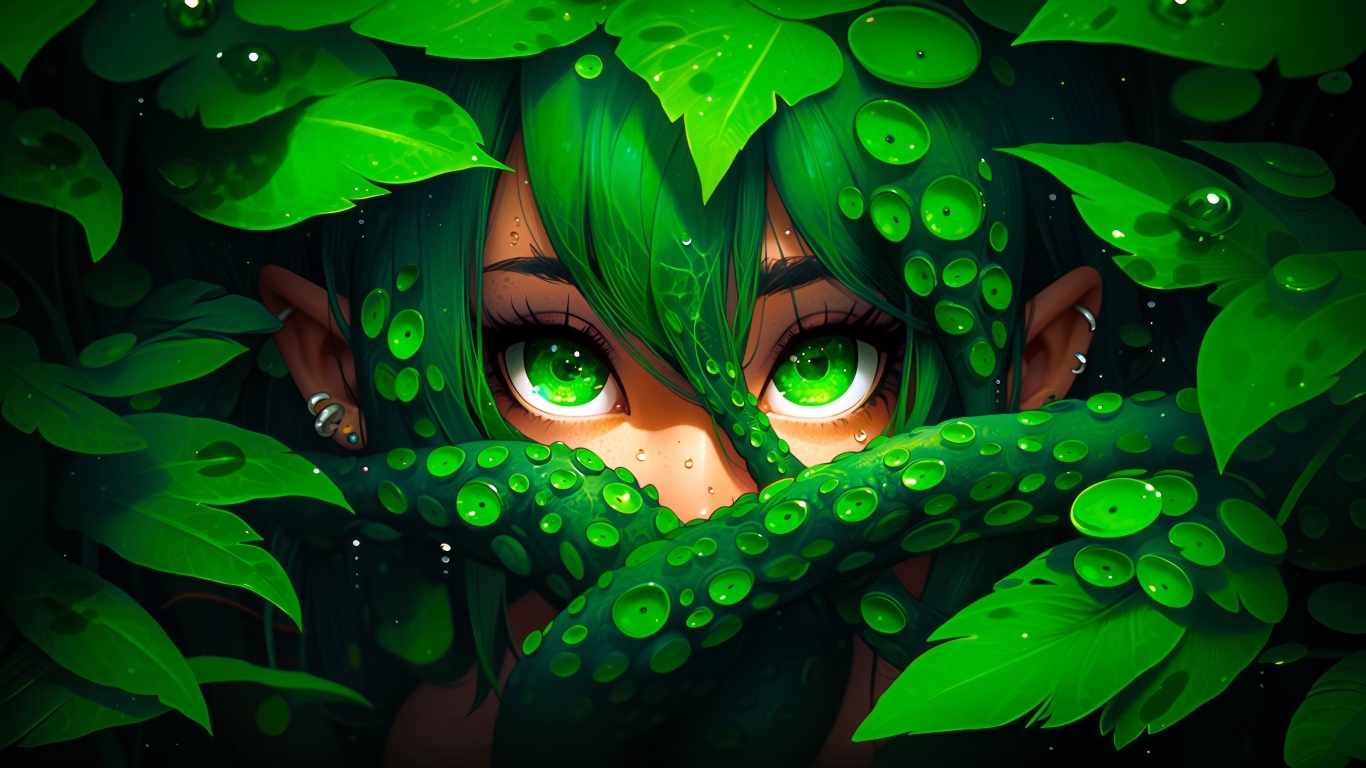 Лесная фея с зелеными глазами в зарослях