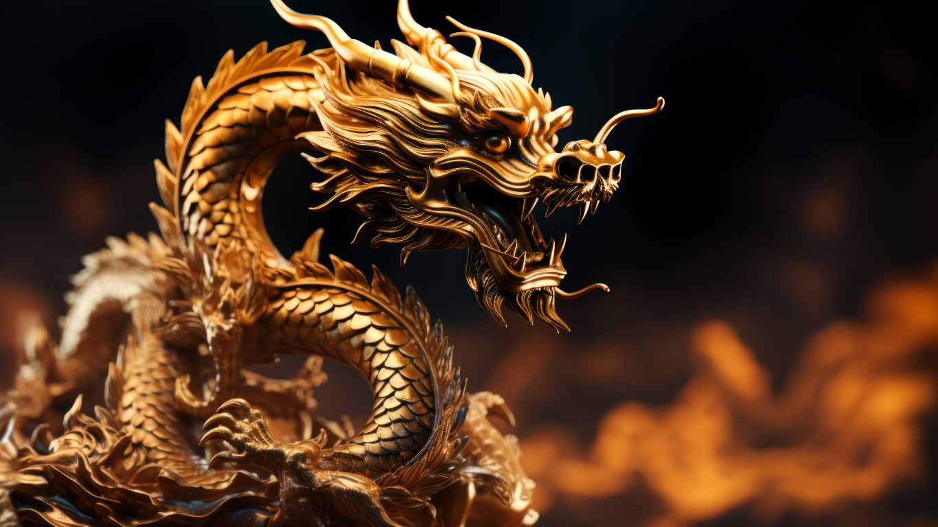 Золотой дракон на темном фоне