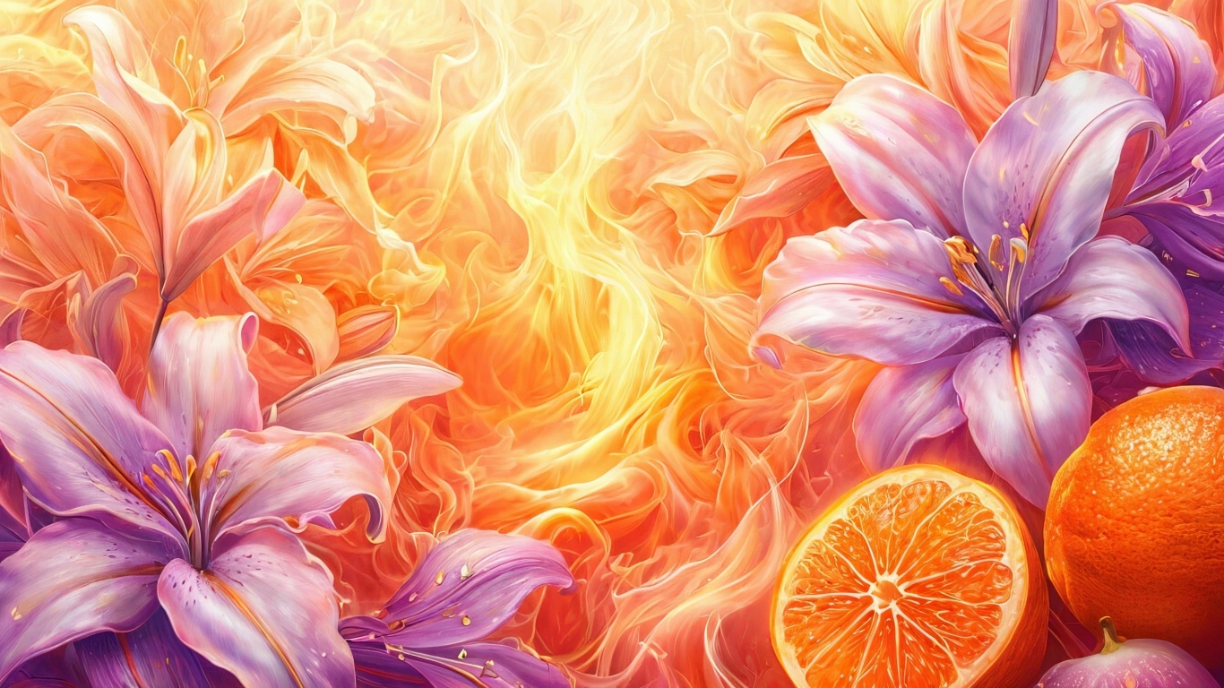 Лилии и апельсины на ярком огненном фоне