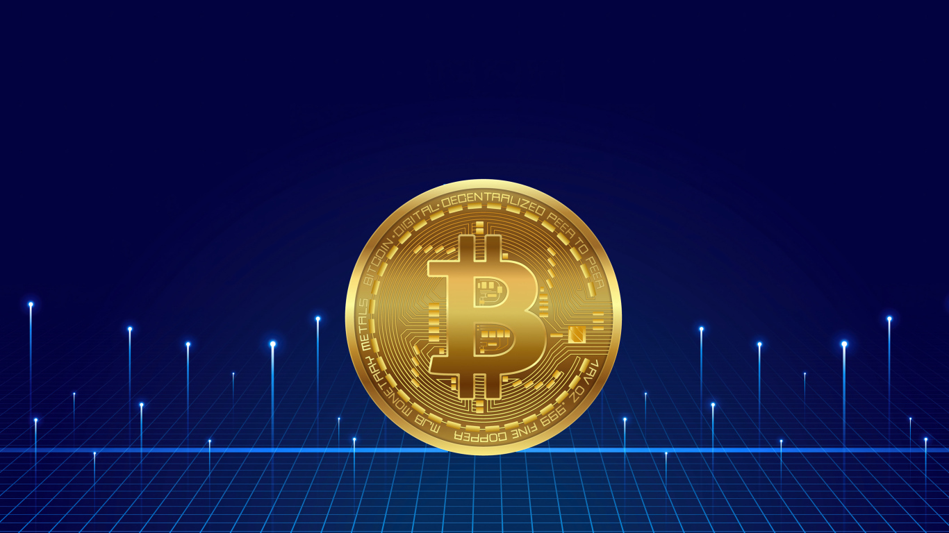 Золотая монета биткоин на синем фоне с неоновыми  лучами