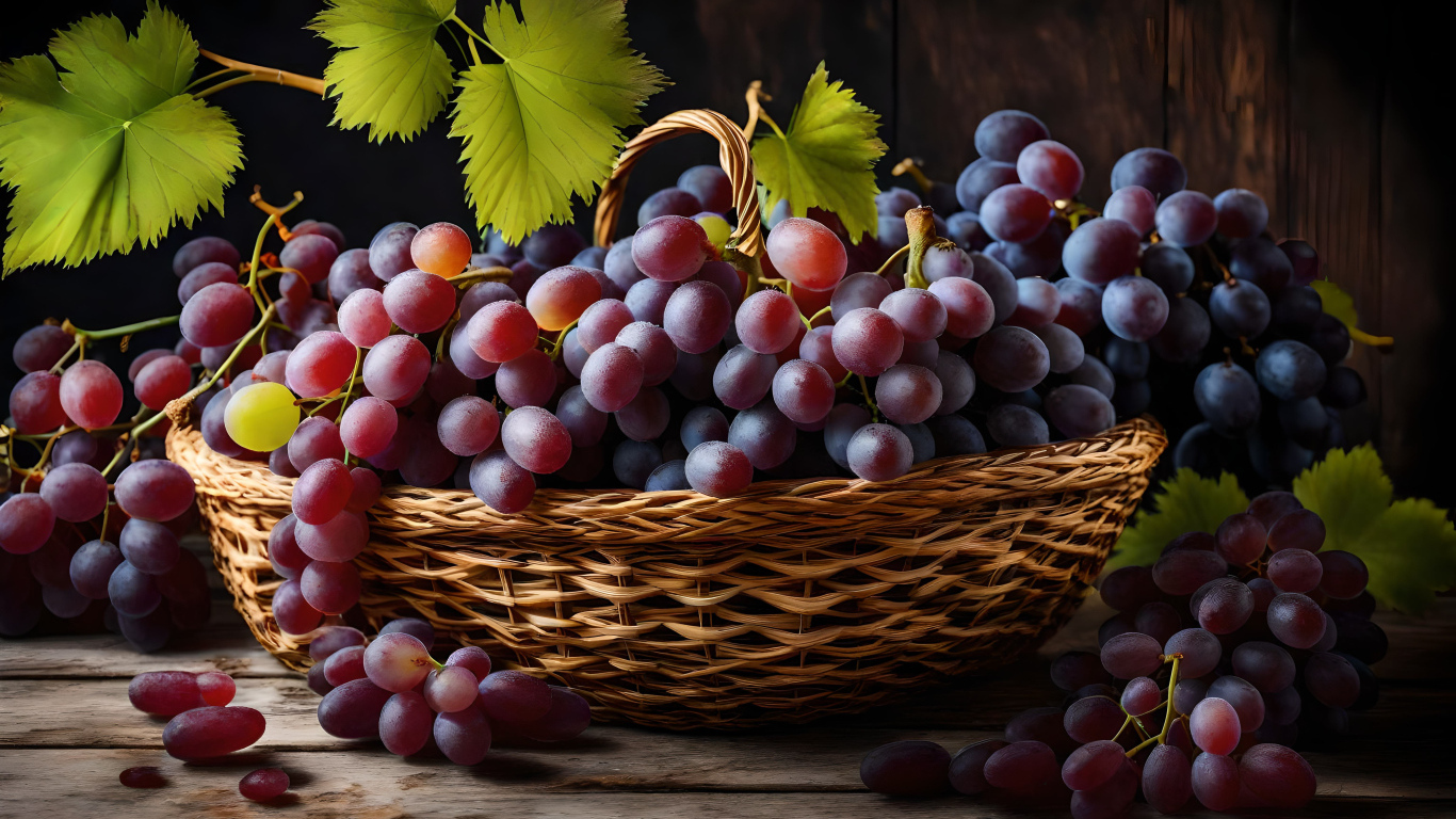 Корзина с большими гроздьями розового винограда