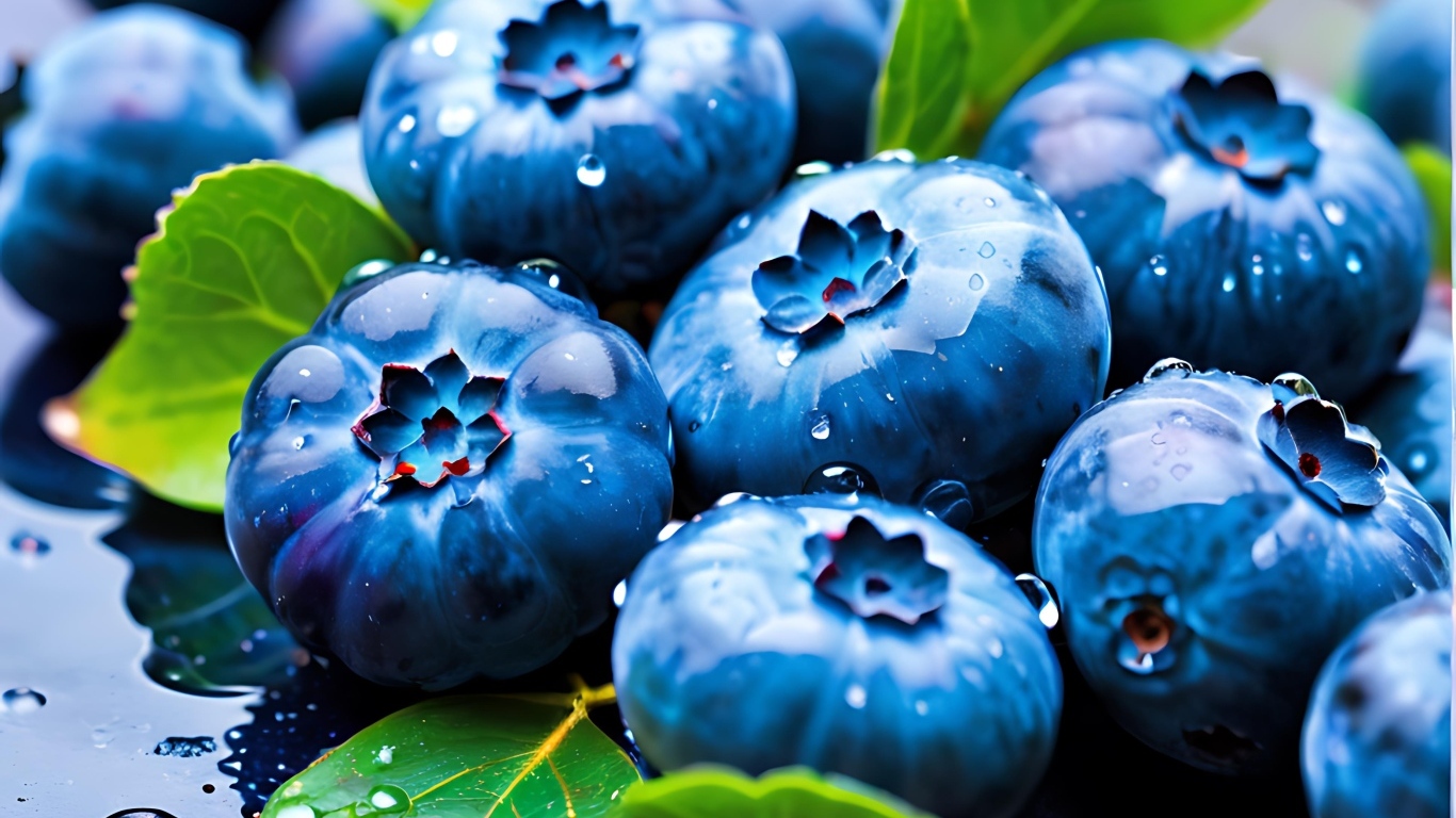 Синие ягоды черники в каплях воды