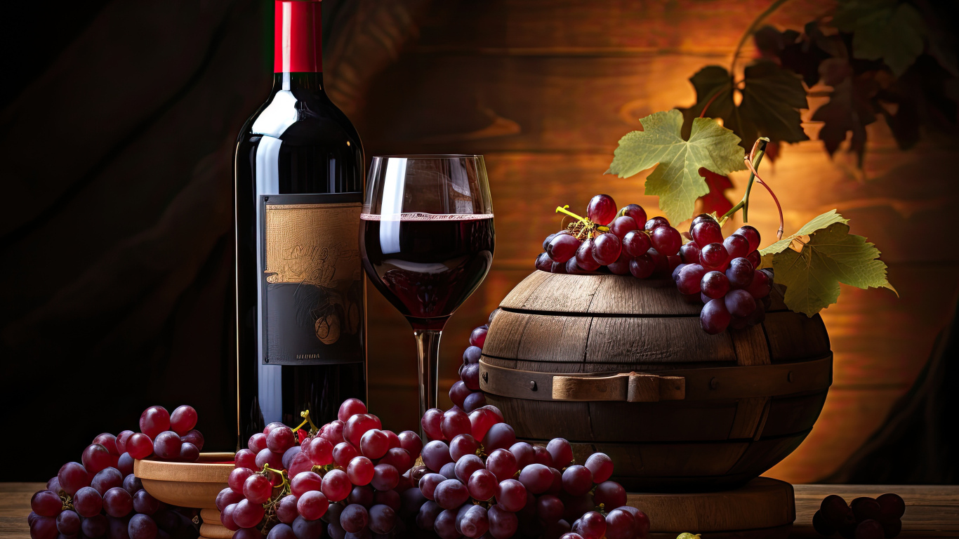 Розовый виноград на столе с вином