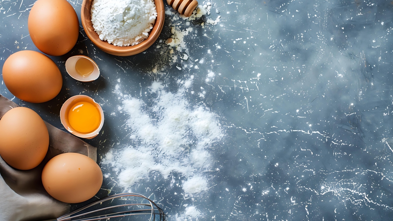 Свежие яйца, мука и венчик на сером столе