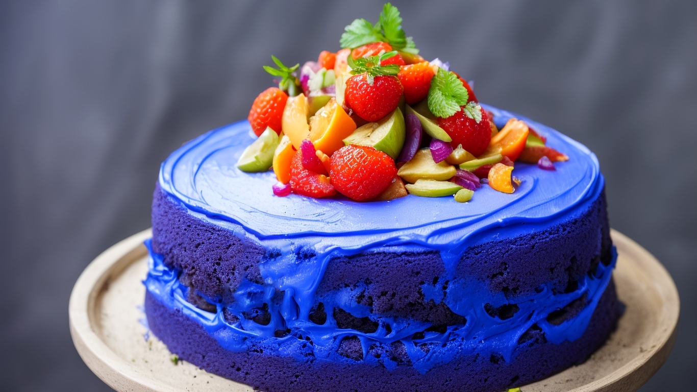 Голубой торт с ягодами на сером фоне