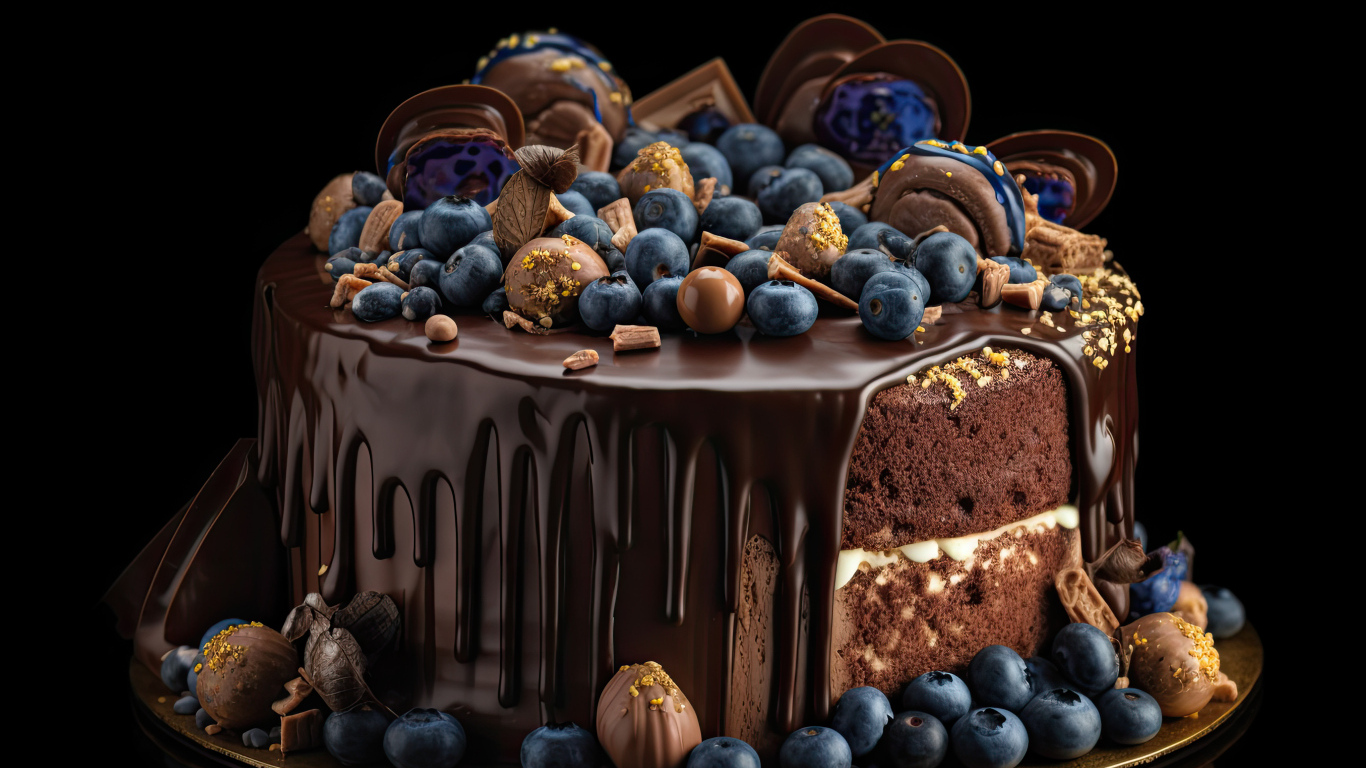 Аппетитный торт в шоколаде с конфетами и ягодами черники