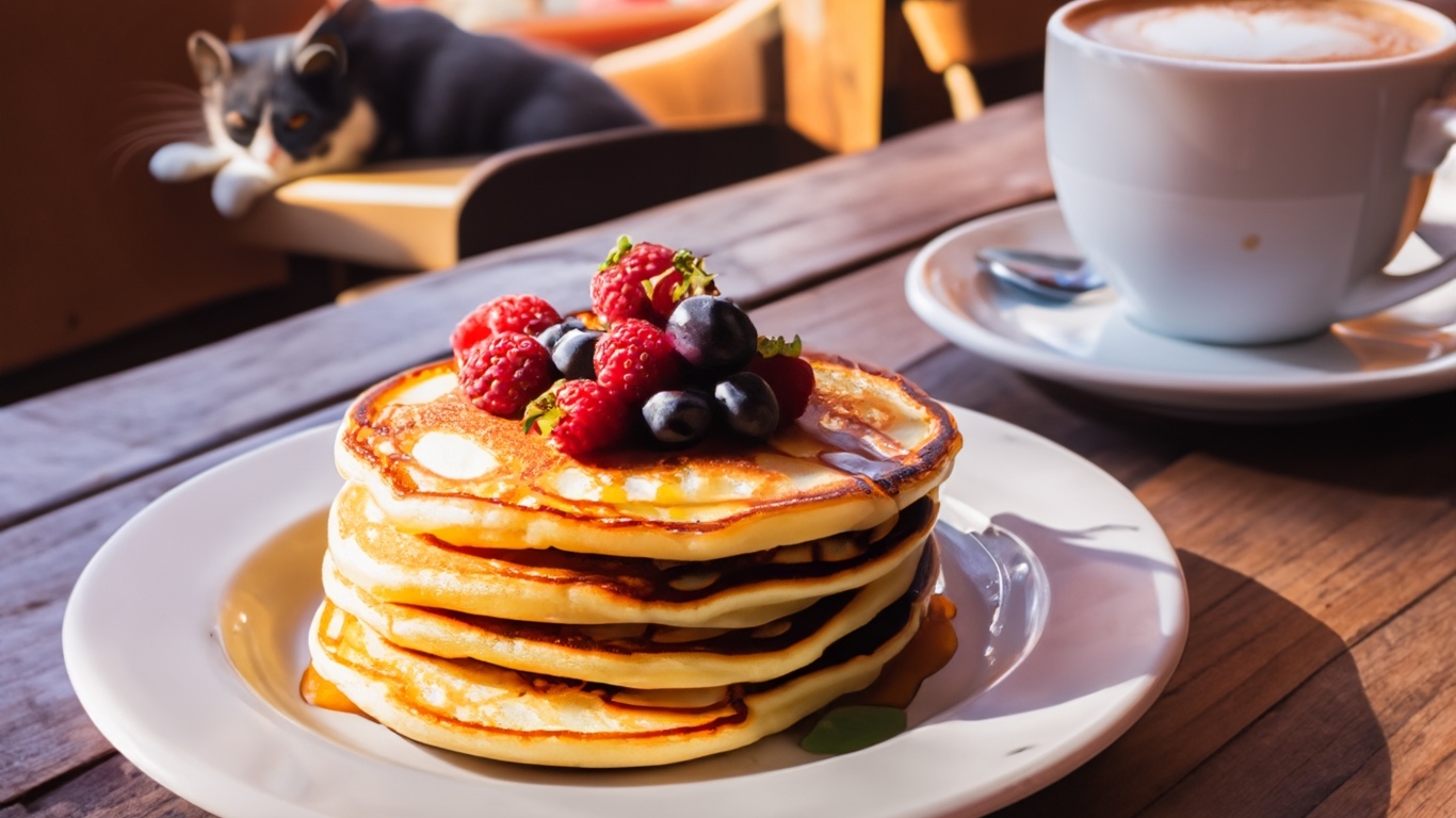 Оладьи с ягодами на столе с кружкой кофе