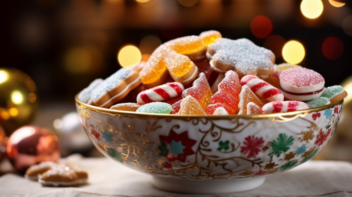 Сладкие праздничные конфеты в тарелке на столе