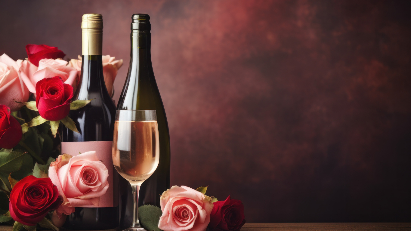 Букет роз на столе с вином