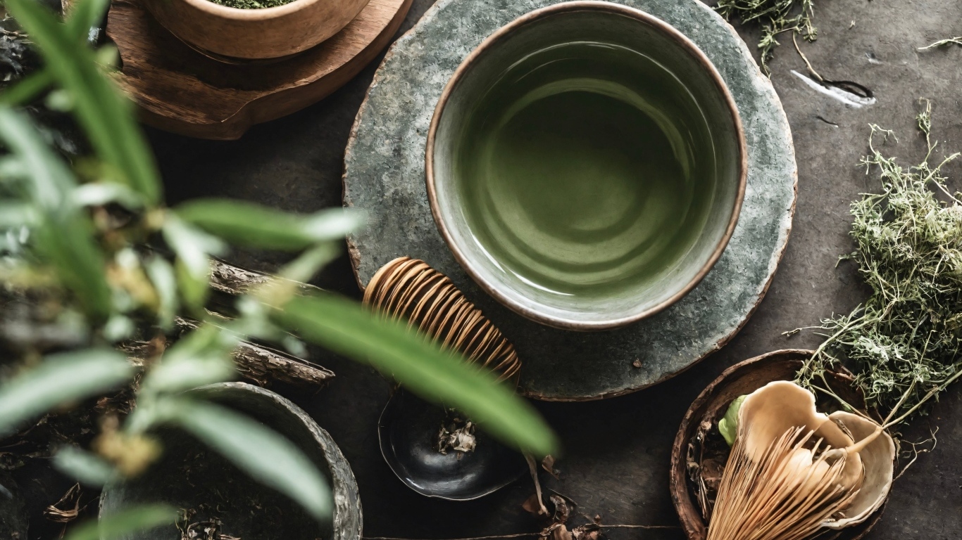 Зеленый чай с посудой на столе