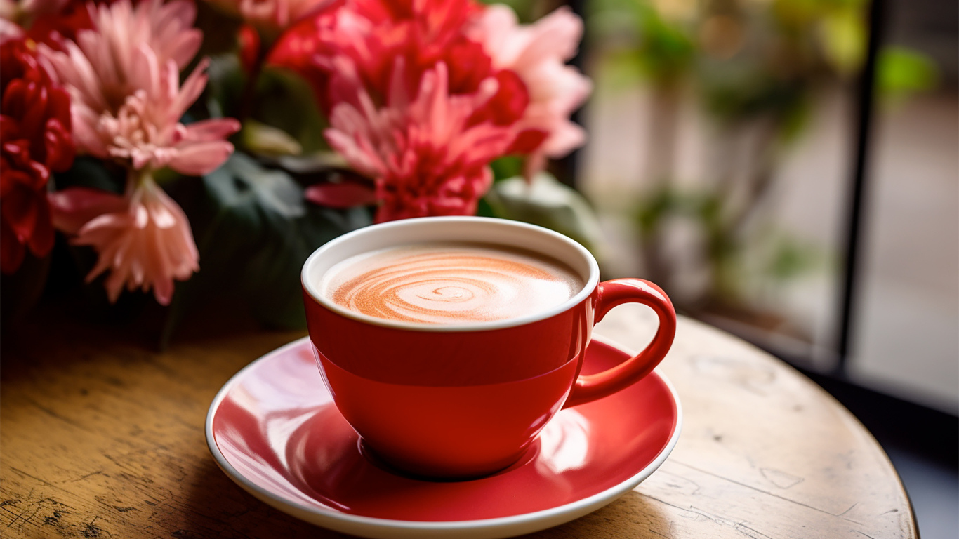 Большая красная чашка кофе на столе с цветами