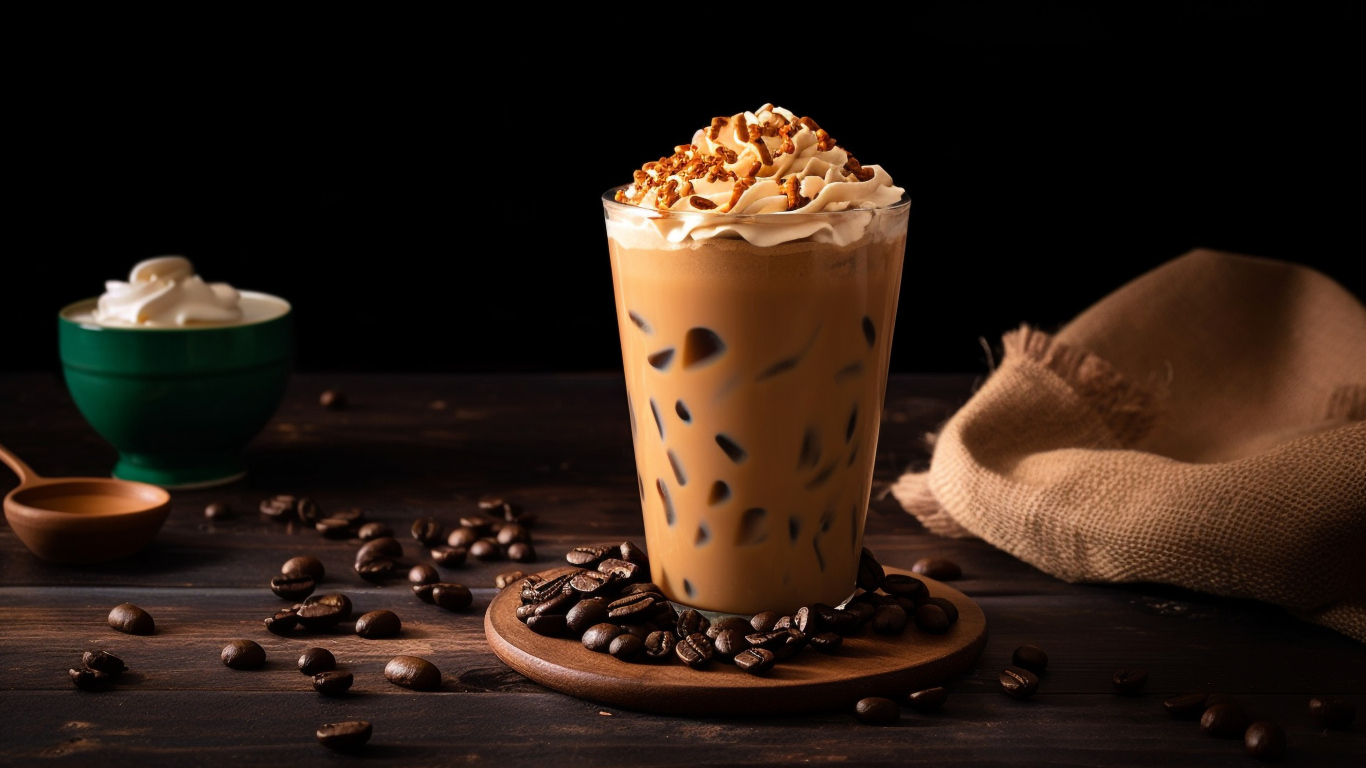 Напиток со взбитыми сливками на столе с кофейными зернами