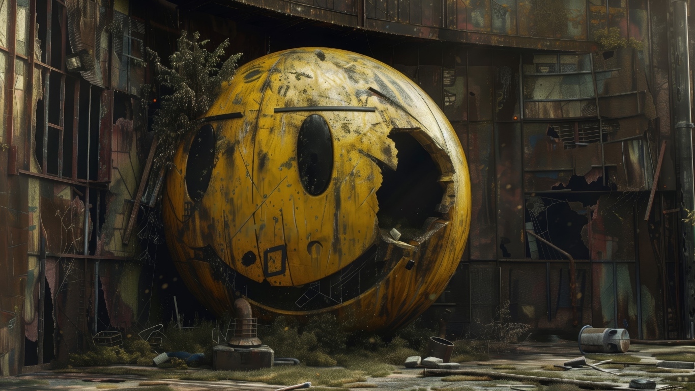 Огромный железный смайлик с разбитым боком лежит на свалке