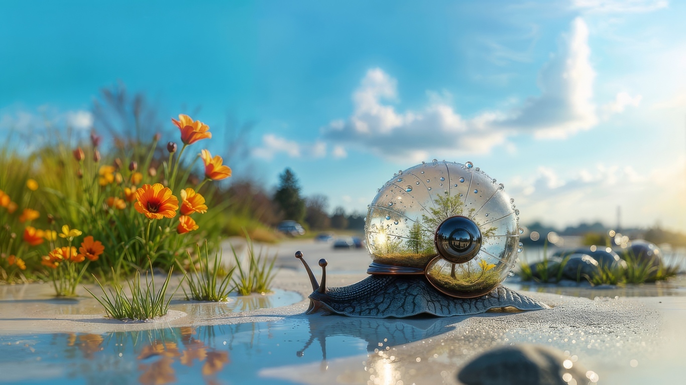 Улитка с прозрачной ракушкой ползет по берегу озера