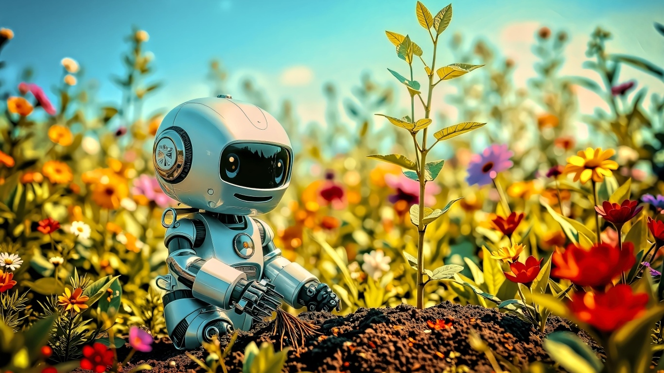Игрушечный робот сидит на земле с растениями