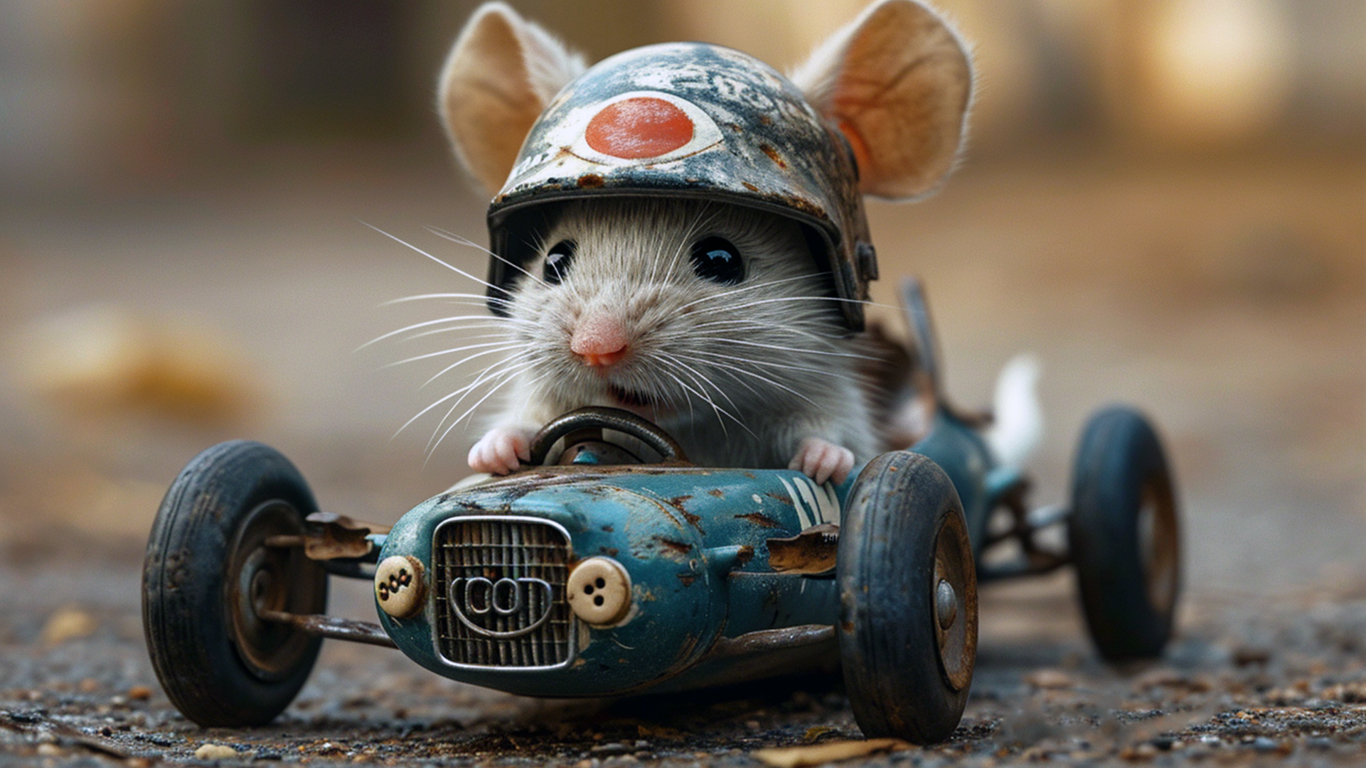 Маленький серый мышонок на игрушечном автомобиле
