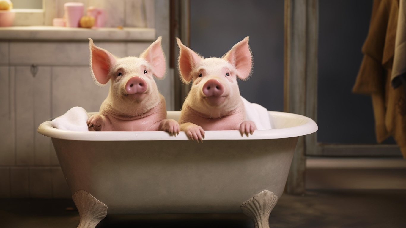 Два розовых поросенка в ванной