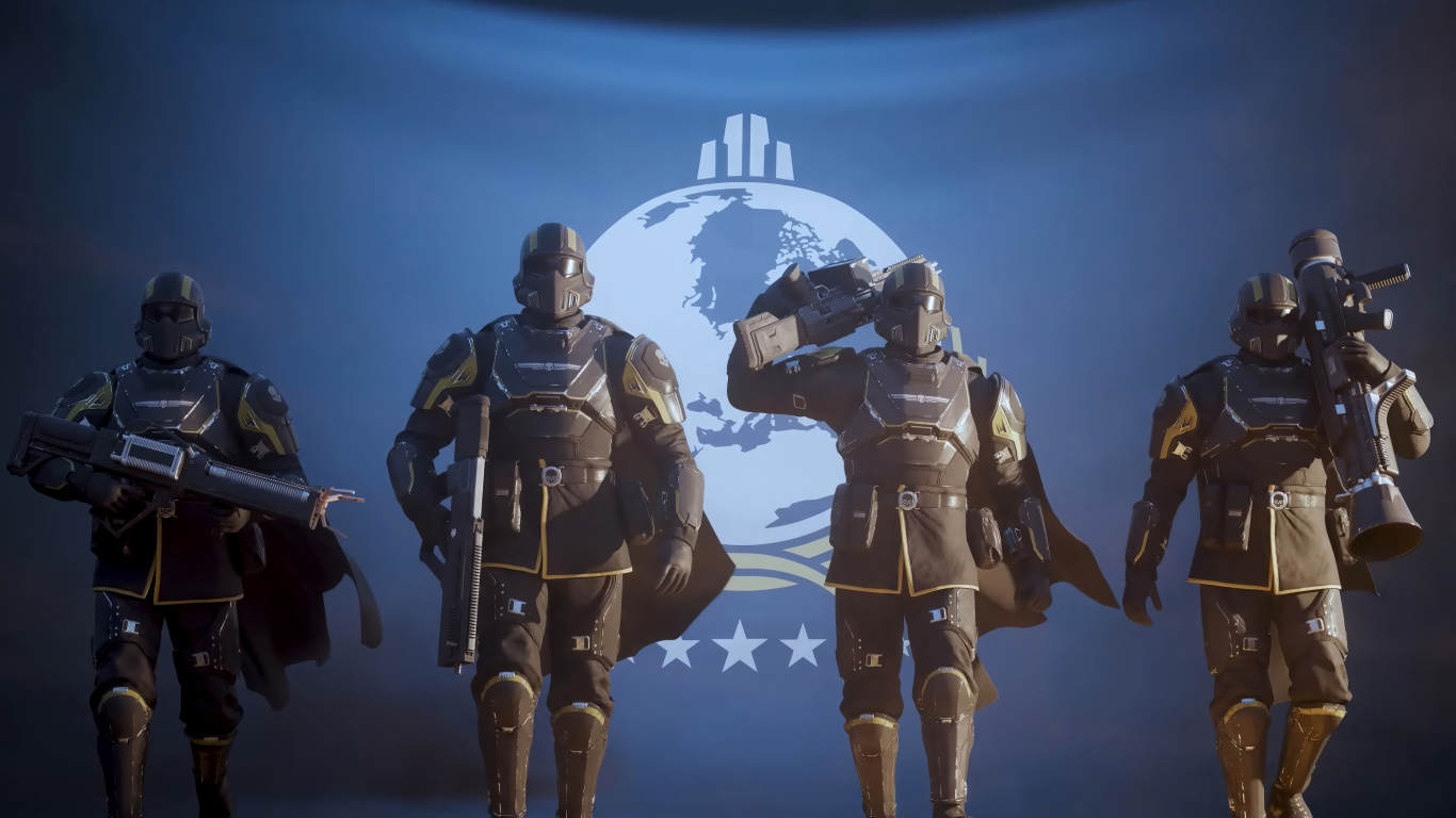 Четыре солдата из компьютерной игры Helldivers 2