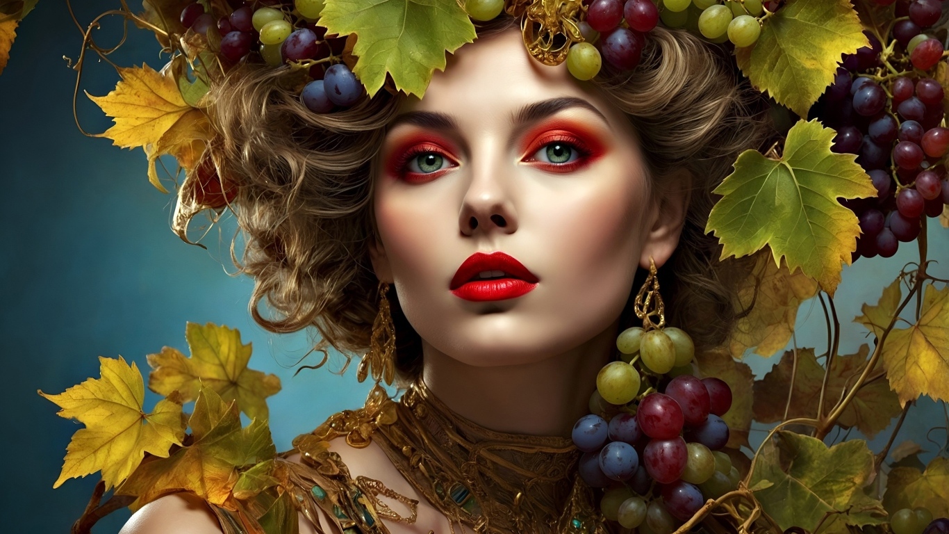 Красивая нарисованная девушка в винограде