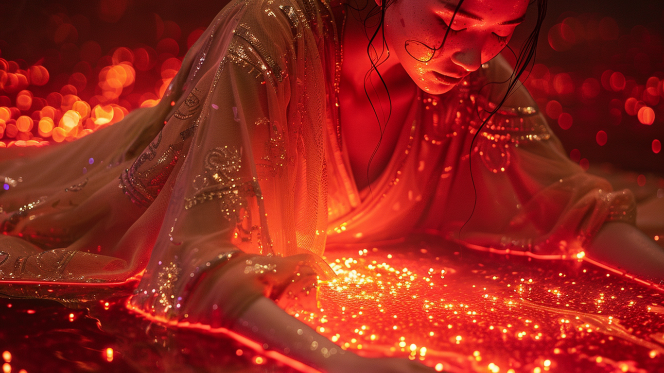 Девушка азиатка в красивом платье на светящемся фоне