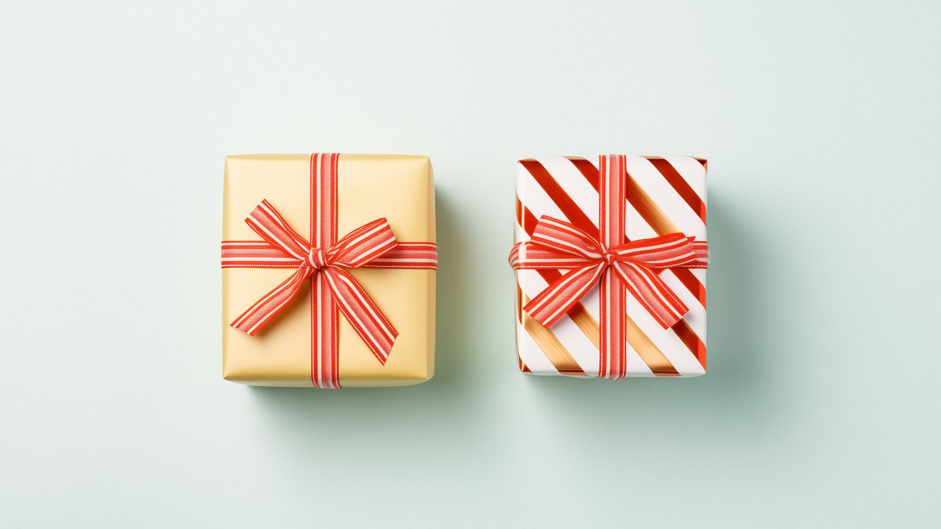Два подарка с лентами на сером фоне